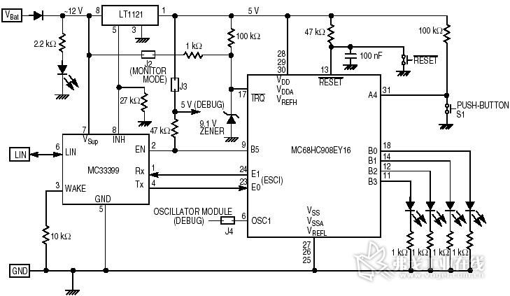MC68HC908EY16的基本电路原理图