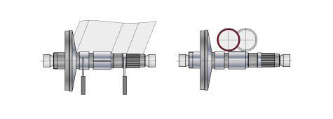 左图中是一个用于外部加工的大型刚玉砂轮，右图是一个用于凹槽加工的小型 CBN 砂轮，安装在两个分别带独立修整系统的独立滑台上