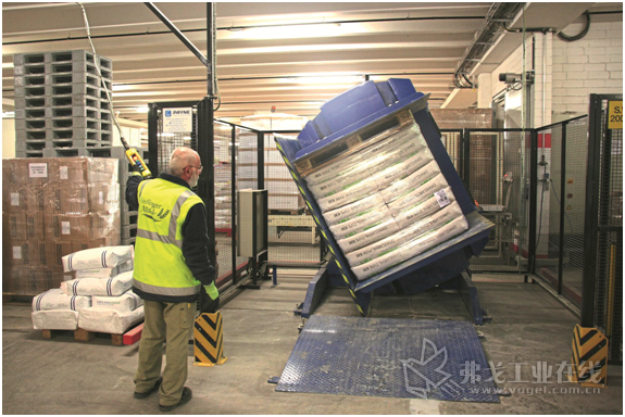 食品厂职工Roland Rupp先生正在用托盘翻转机翻转每袋25 kg的630型Dinkelmehl面粉托